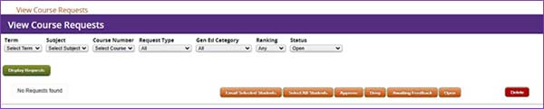Admin table that lists student's requests based on filters.