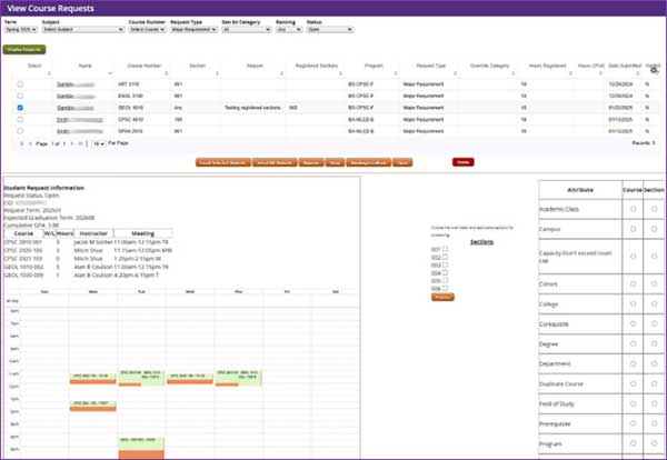 For a single request all the student details, including schedule, are displayed at the bottom.