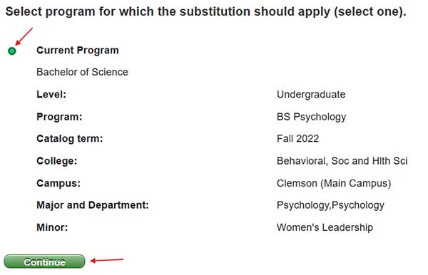 Select program to apply the course substitution.