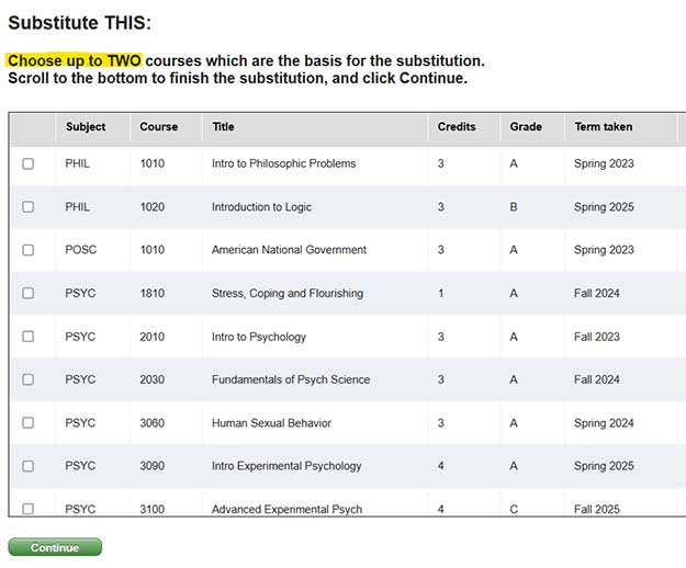 Sub this selected course for another course.