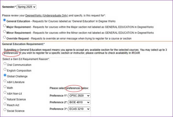 General education options and preferences allowed.
