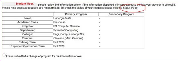 Image of the student information table highlighting the Status Page link.