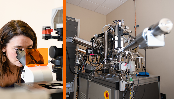 researcher looking through microscope at Clemson Light Imaging Facility