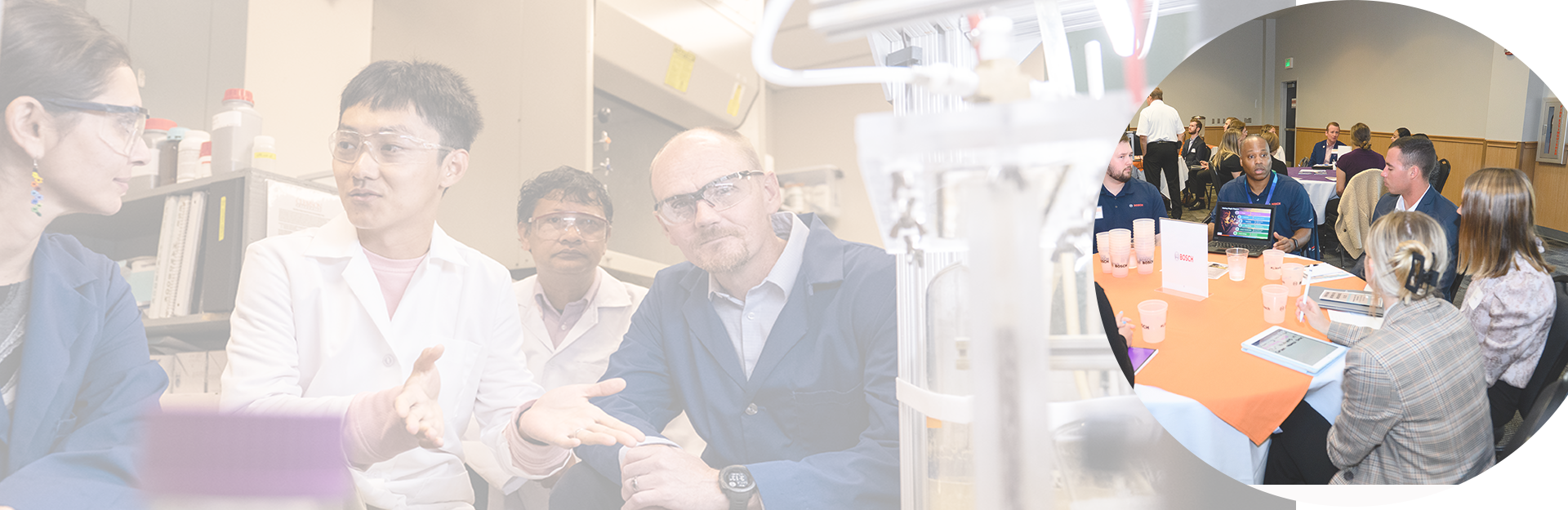 4 people in a lab and another picture of a meeting in progress at the university