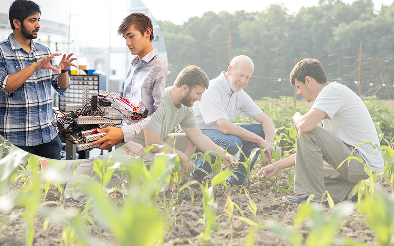 collage of two images with one image of a field with 3 students and a faculty and another image with 2 students discussing a eureka project