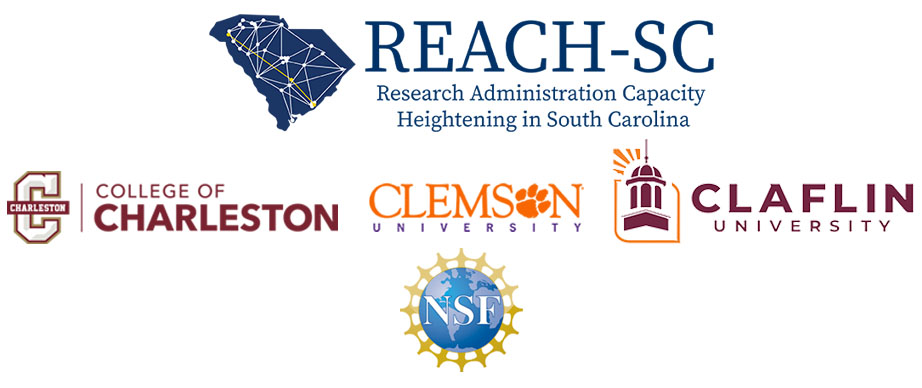 Logos for various universities and organizations involved in research administration in South Carolina, including NSF, Clemson University, Claflin University, and the College of Charleston.