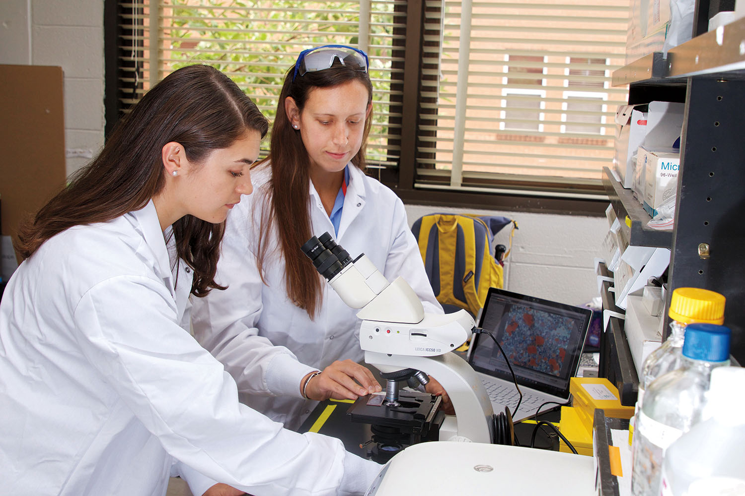 Two female students working in lab.