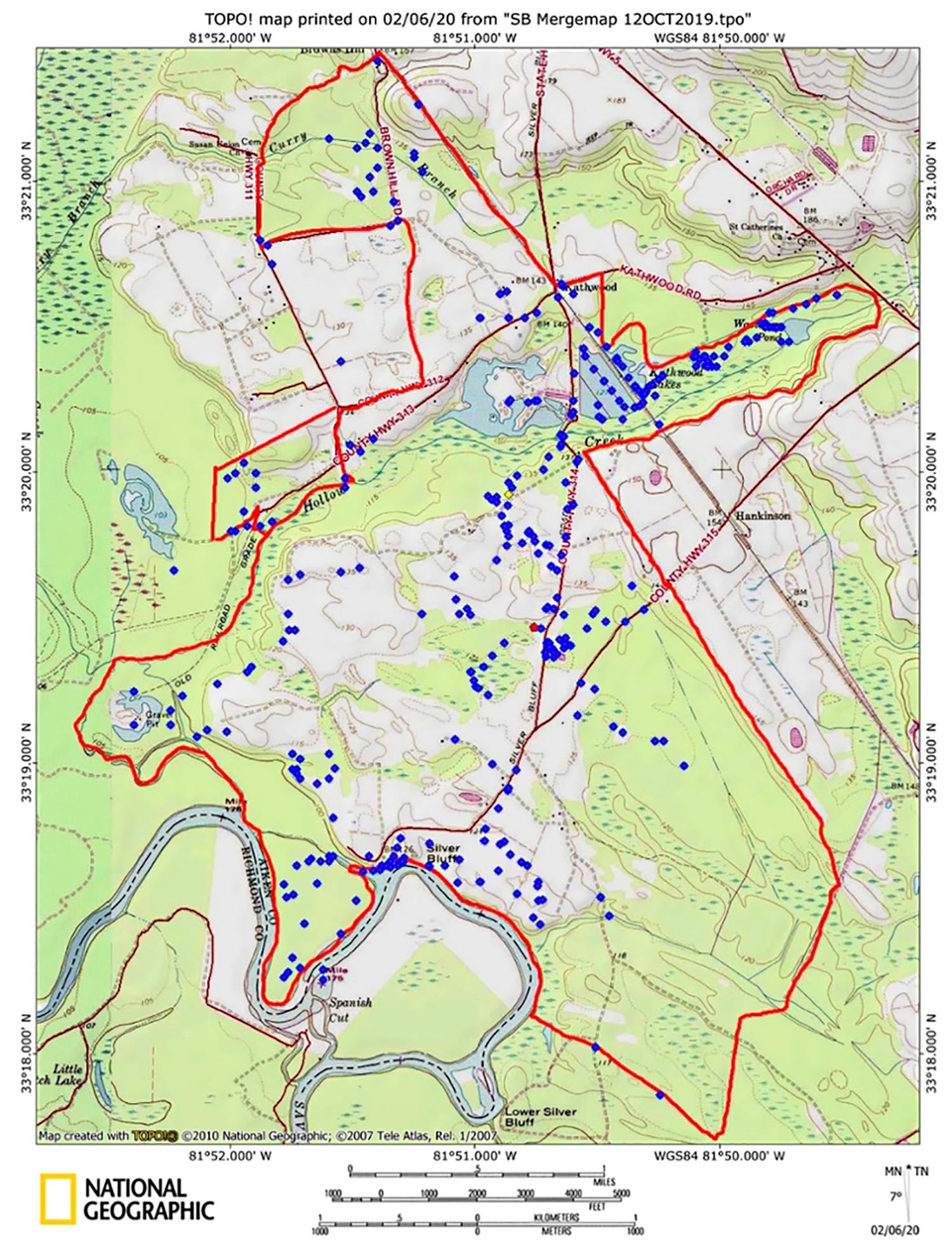 Map of the Silver Bluff sanctuary, with dots indicating collection areas in the preserve.