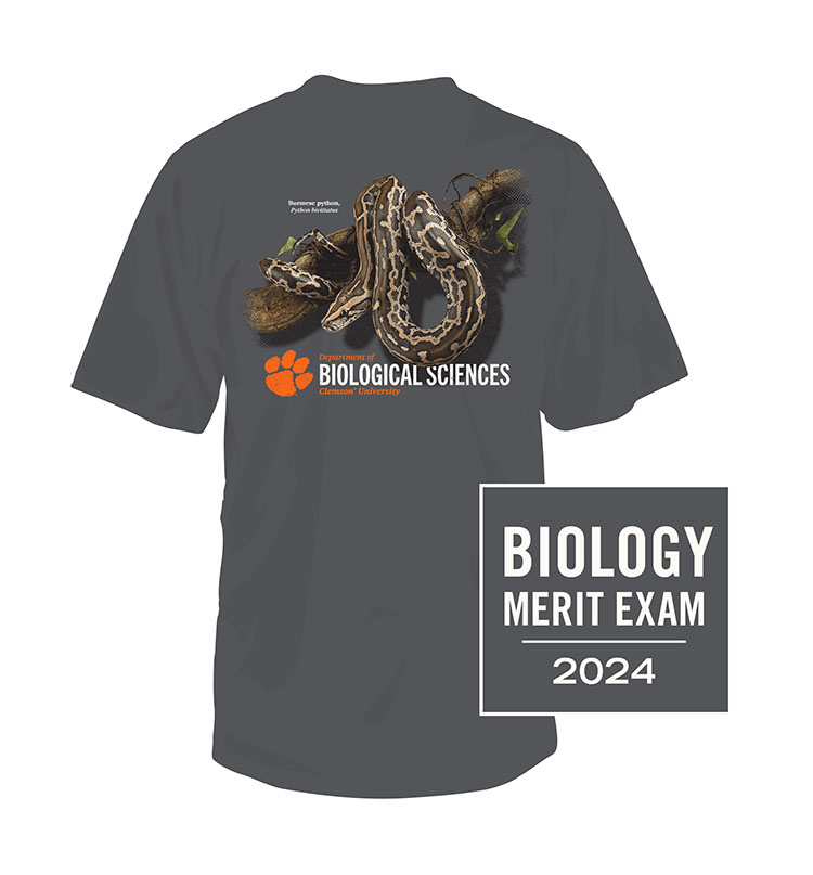 Biology Merit Exam 2023 T-shirt, gray, with wolf and Clemson Department of Biological Sciences logo.