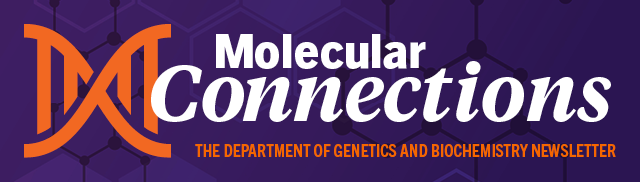 Molecular Connections newsletter header. The Department of Genetics and Biochemistry newsletter, with DNA-like art on left.