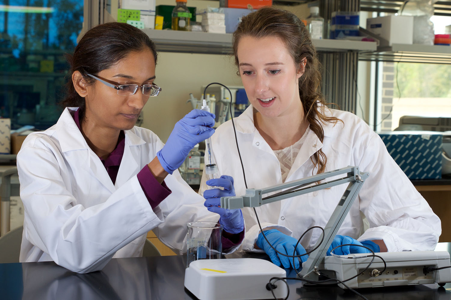 Two female graduate students working in a lab.