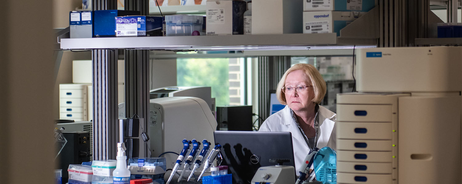 Trudy Mackay in lab at Clemson Genetics Center.