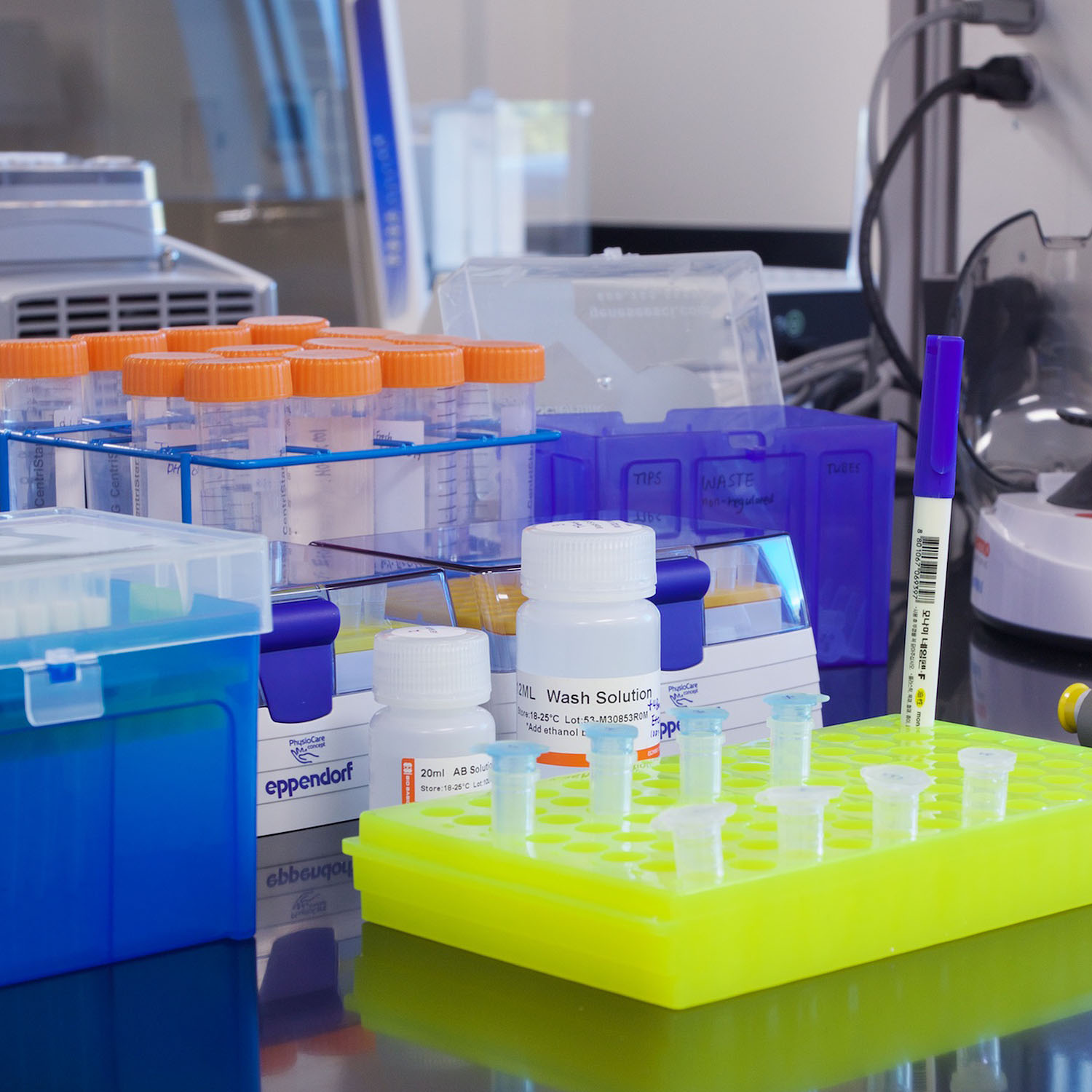 Colorful vials in a lab.