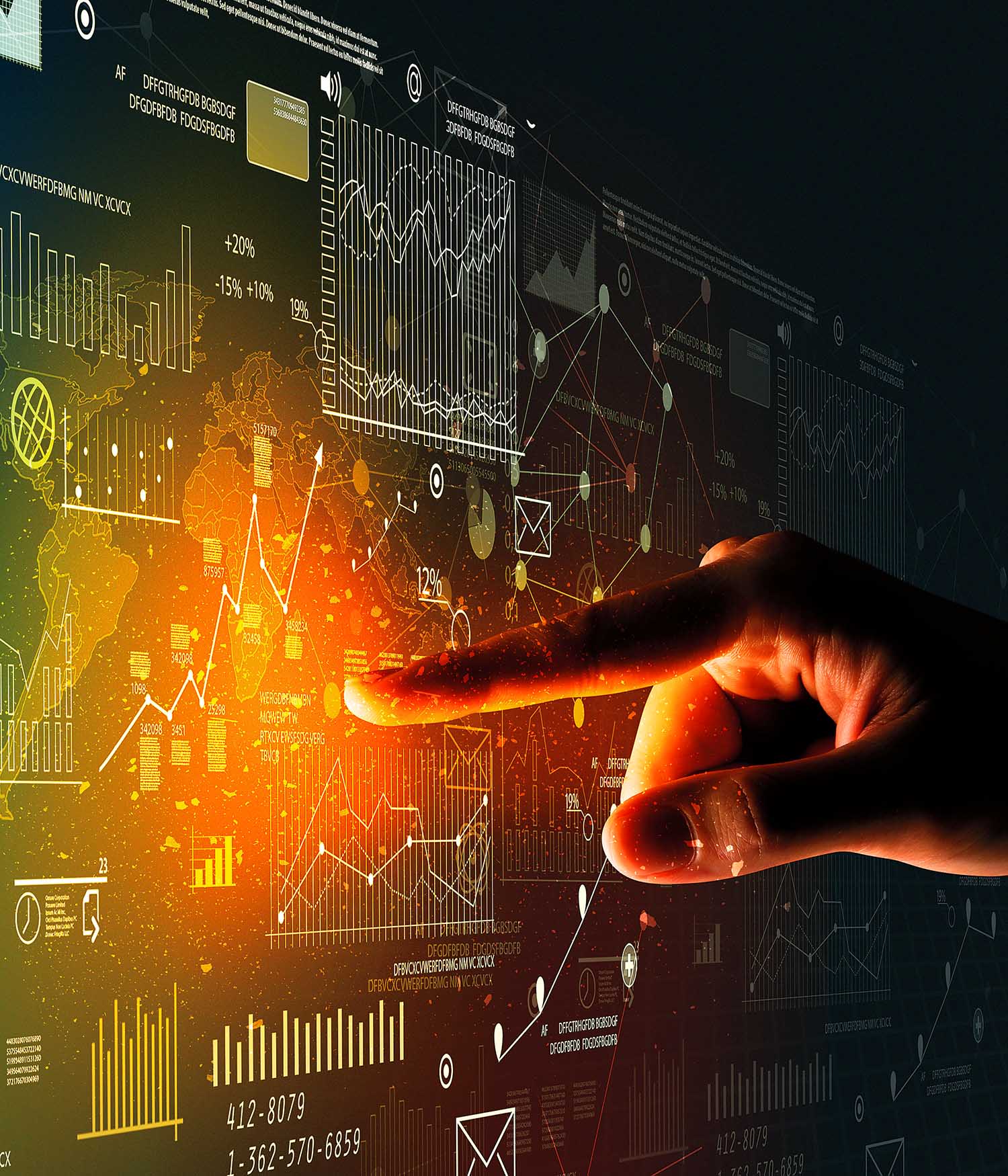 Decorative math-stat image of hand on virtual screen