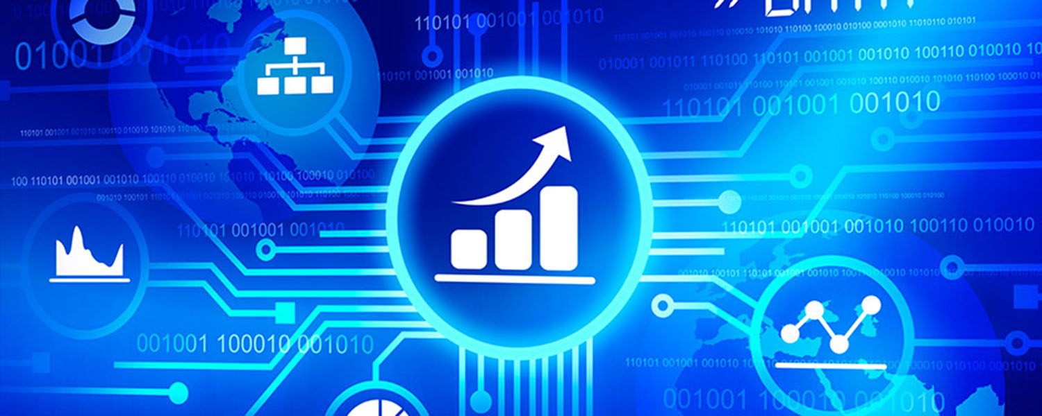 Decorative illustration in blue with charts and arrows in circles.