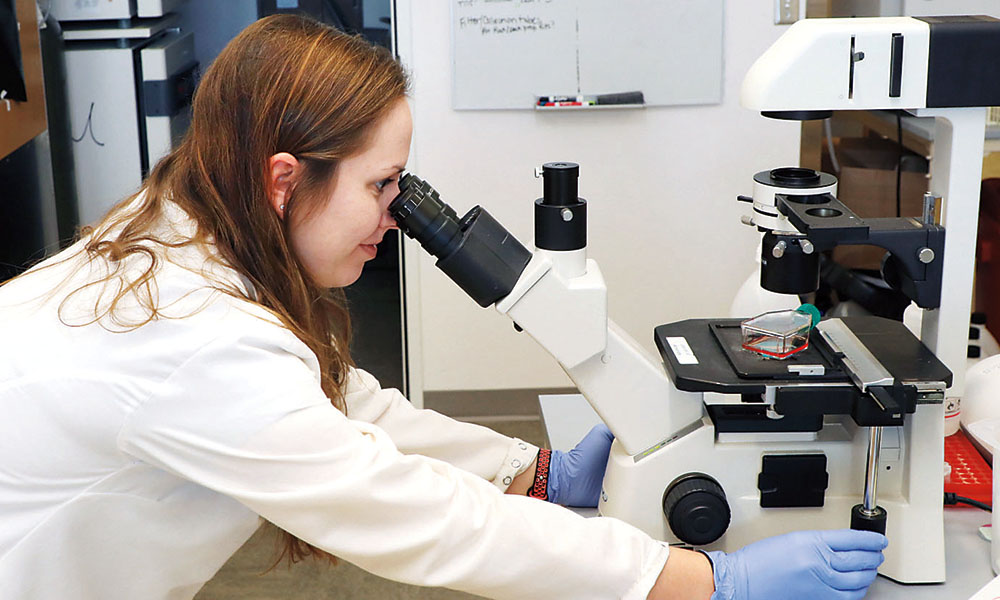 Grad student looking through microscope