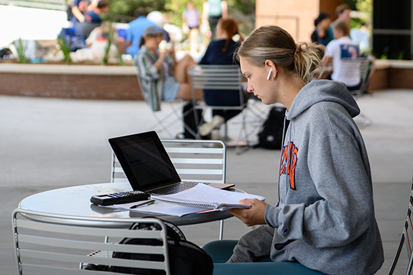Female student on laptop outside on a sunny day