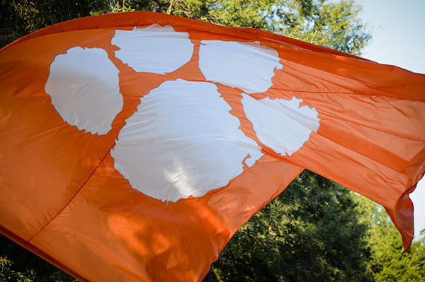 Orange flag with the white tiger paw flows in the wind
