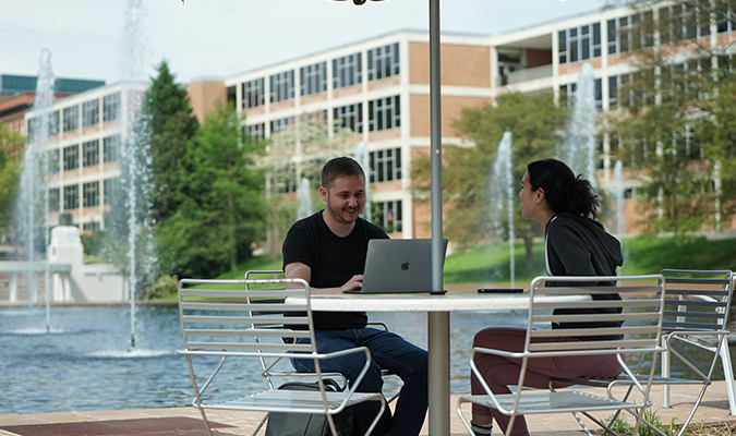 Students on Campus at Library Bridge