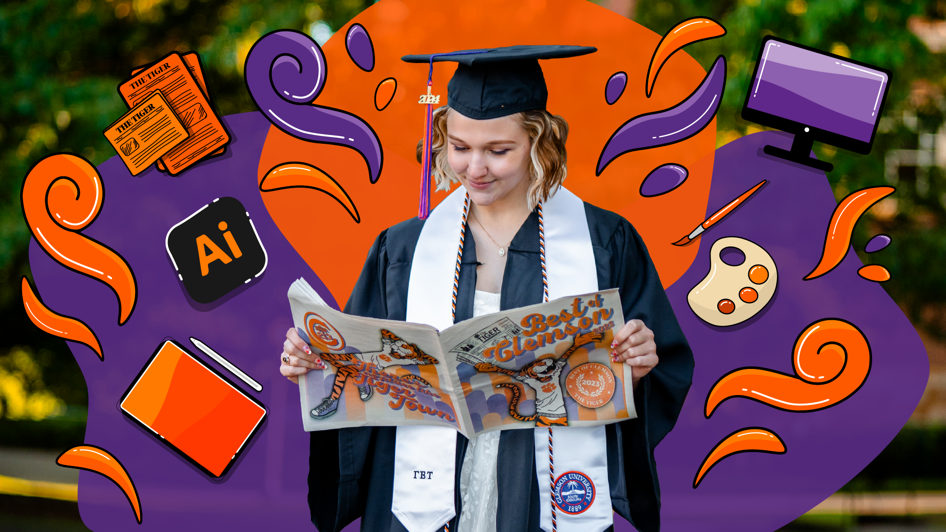 Sydney Westphal in her Graduation Dress reading The Tiger
