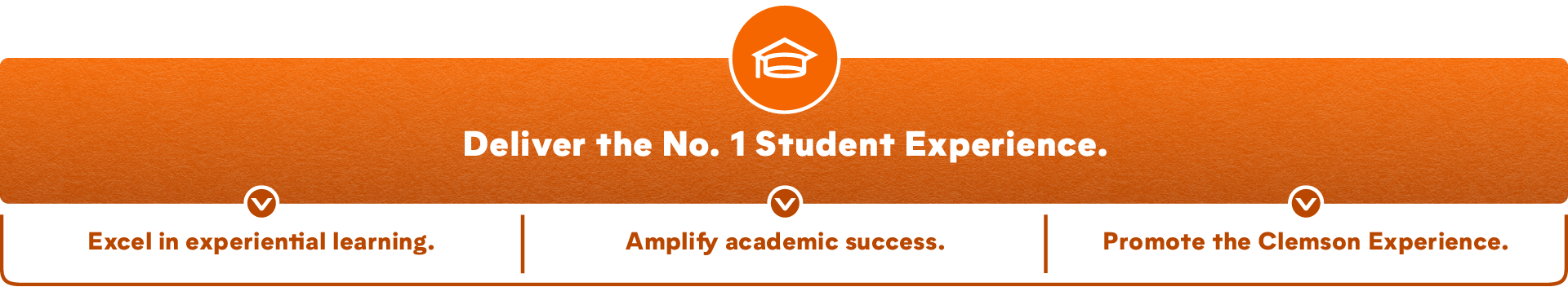 Deliver the No. 1 Student Experience. Excel in experiential learning. Amplify academic success. Promote the Clemson Experience.
