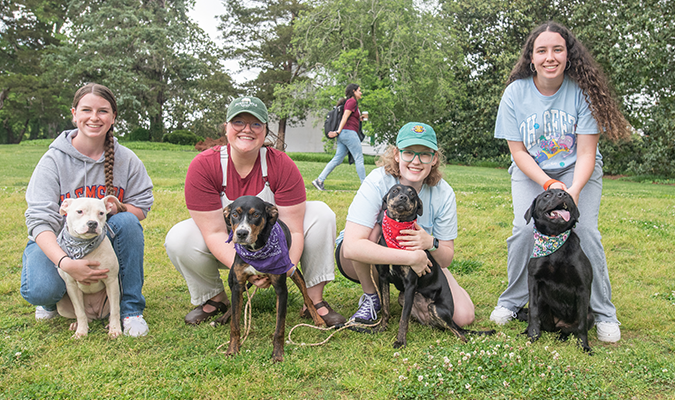 Clemson Rent a Puppy handlers with four puppies