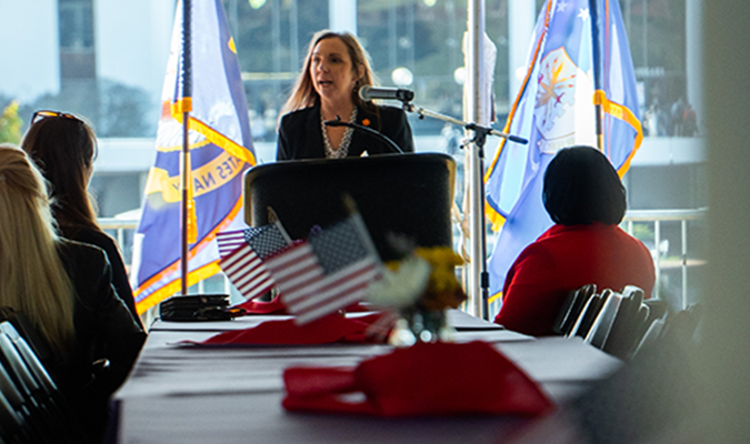 Sarah Custer addressing at Military Appreciation Breakfast