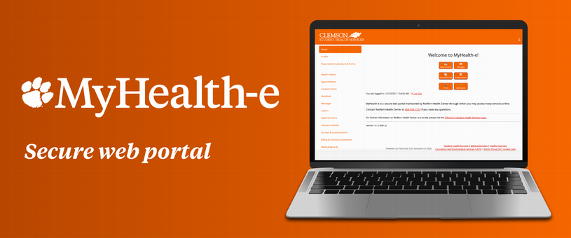 Clemson University paw logo and the words “MyHealth-e” and “Secure web portal” on an orange background, alongside a laptop displaying the MyHealth-e login homepage