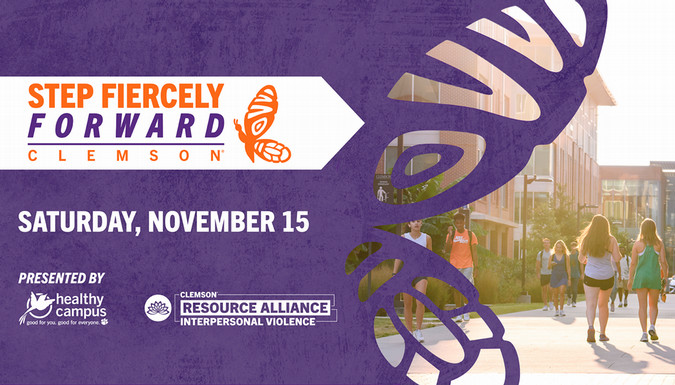 Step Fiercely Forward Walk logo in white on a purple textured background