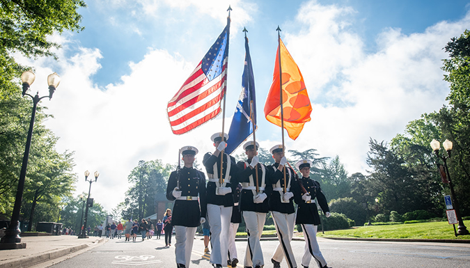 Clemson ROTC cadets marching on Military Appreciation Day