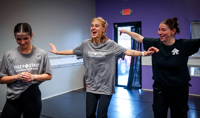 Tiger Strut co-captains Anna Arvay, Stella Herzberg and Miranda Felt practising at Clemson Dance Club, Clemson University, South Carolina