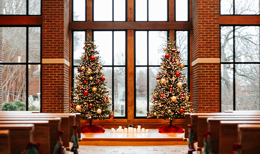 Chapel decorated with Christmas Trees