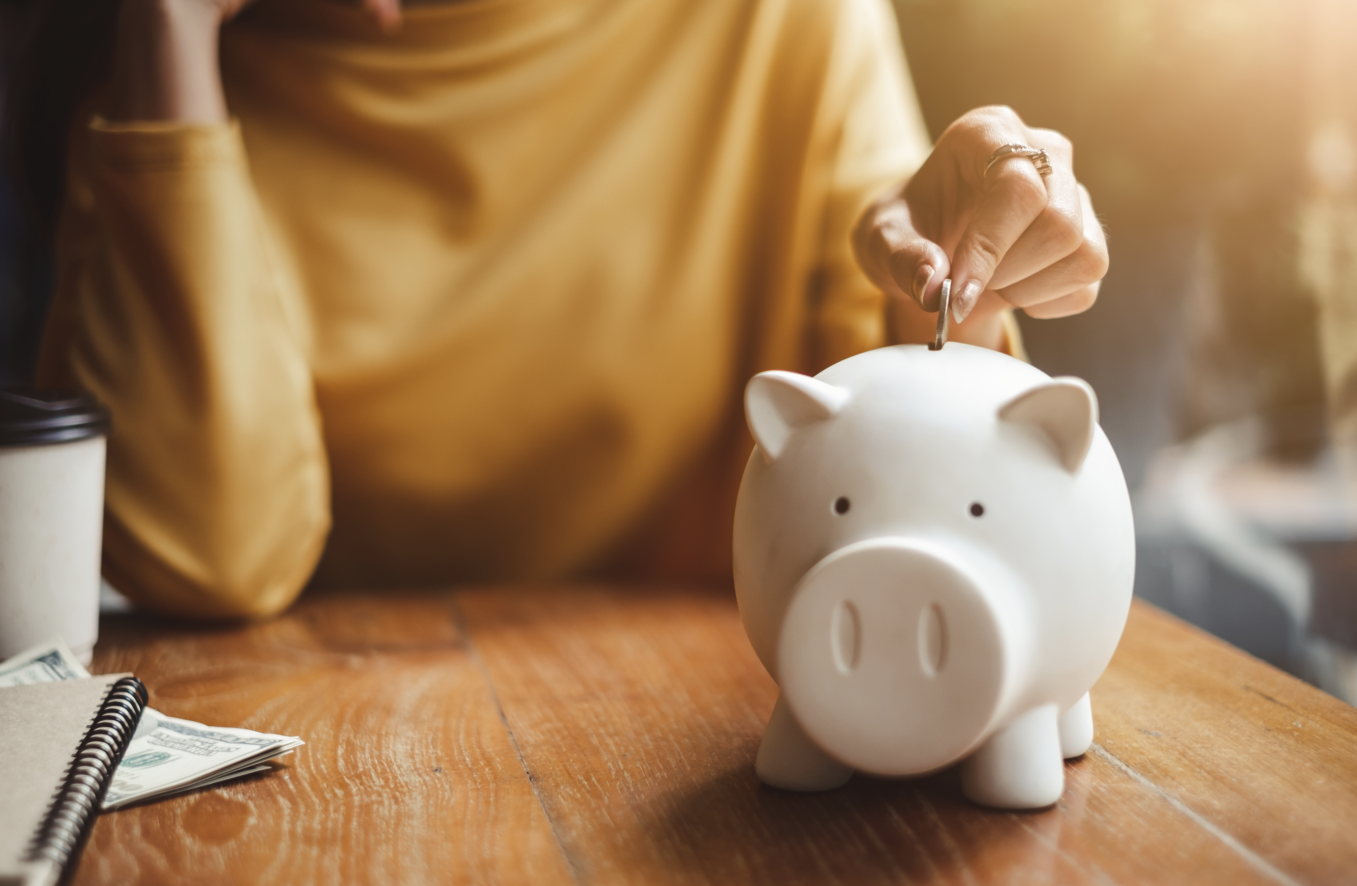 A pig drops a coin into a piggy bank