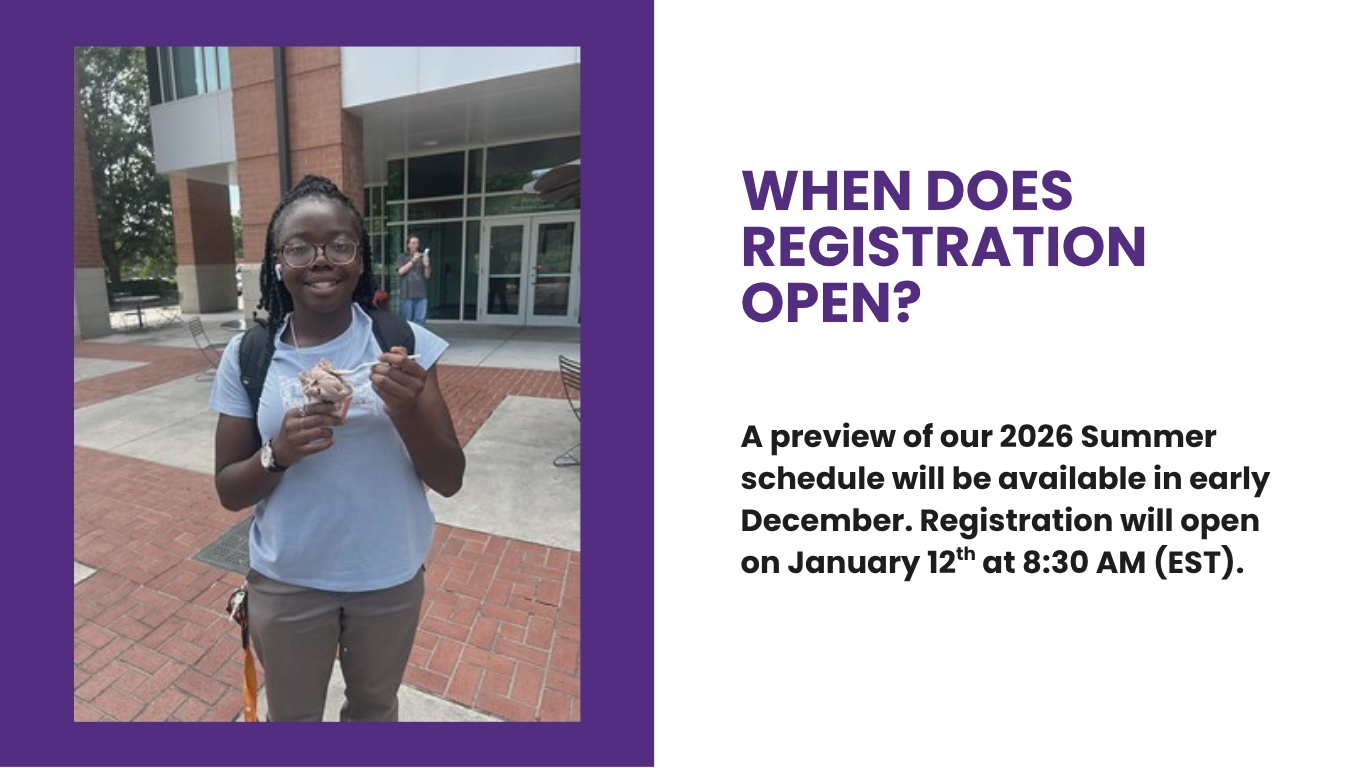 Student holding an ice cream cone outside a university building, alongside details about summer registration opening on January 12th.