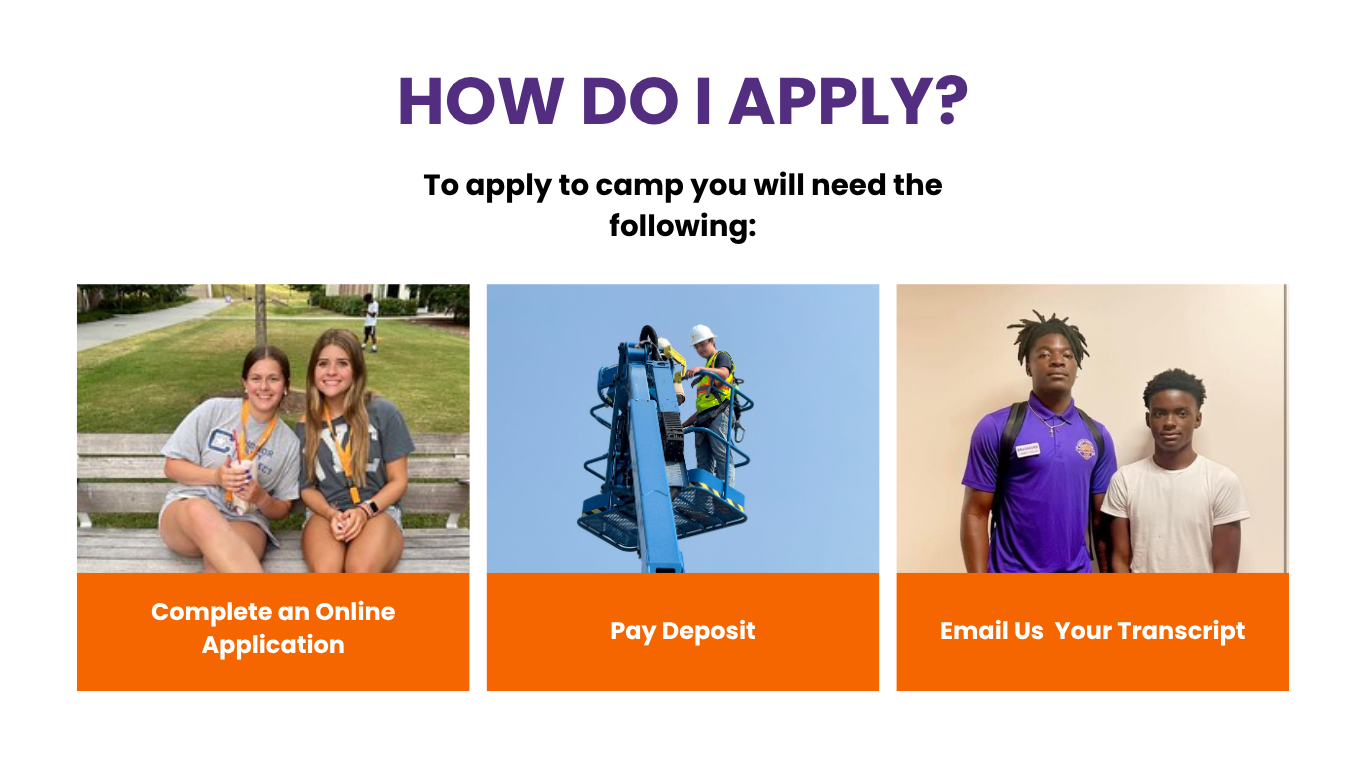 Graphic highlighting the application process for a camp, featuring three steps: completing an online application, paying a deposit, and emailing your transcript.