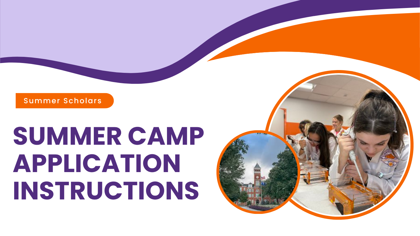 Logo and promotional graphic for Summer Scholars featuring application instructions for summer camp, along with images of campers engaged in activities and a university building.