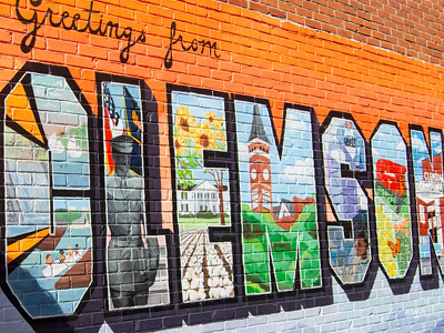 "Greetings from Clemson" wall painting located downtown Clemson