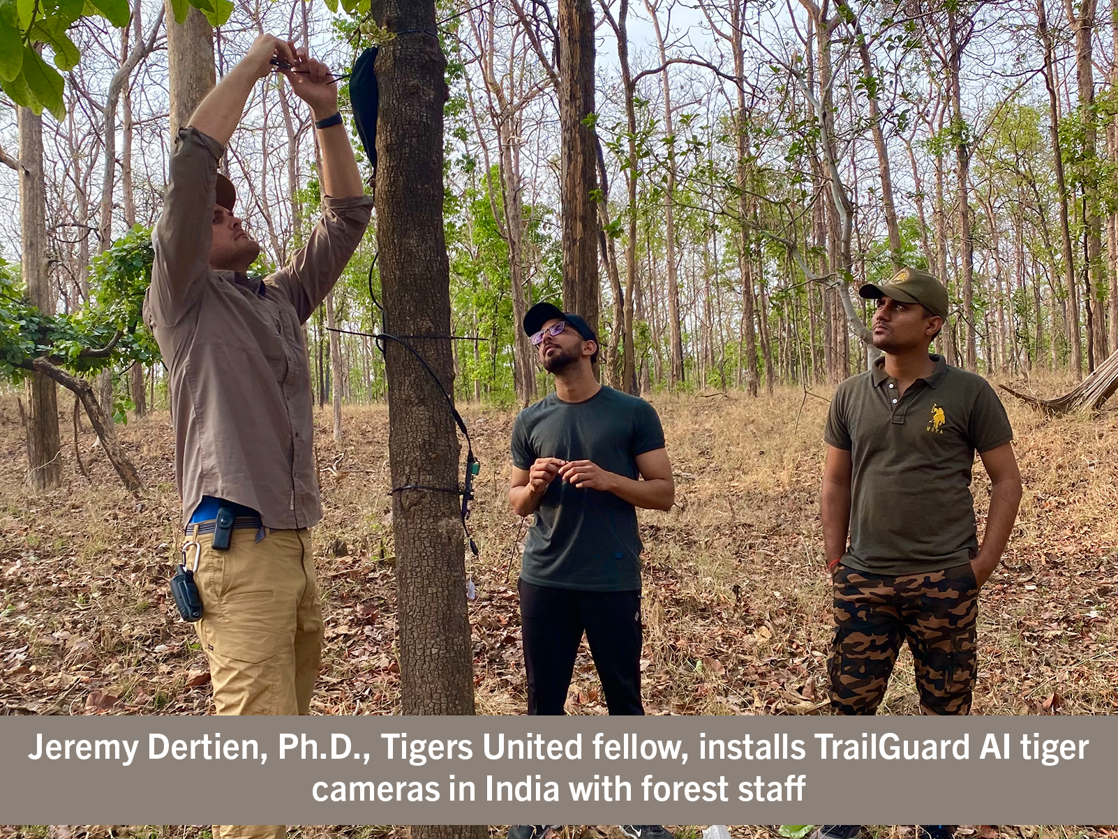 Three men are in the woods installing equipment on a tree