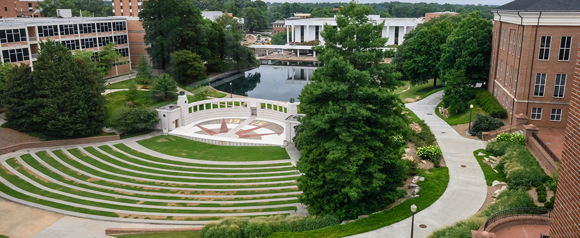 Birds eye view of the amphitheater, library fountains, library and martin hall