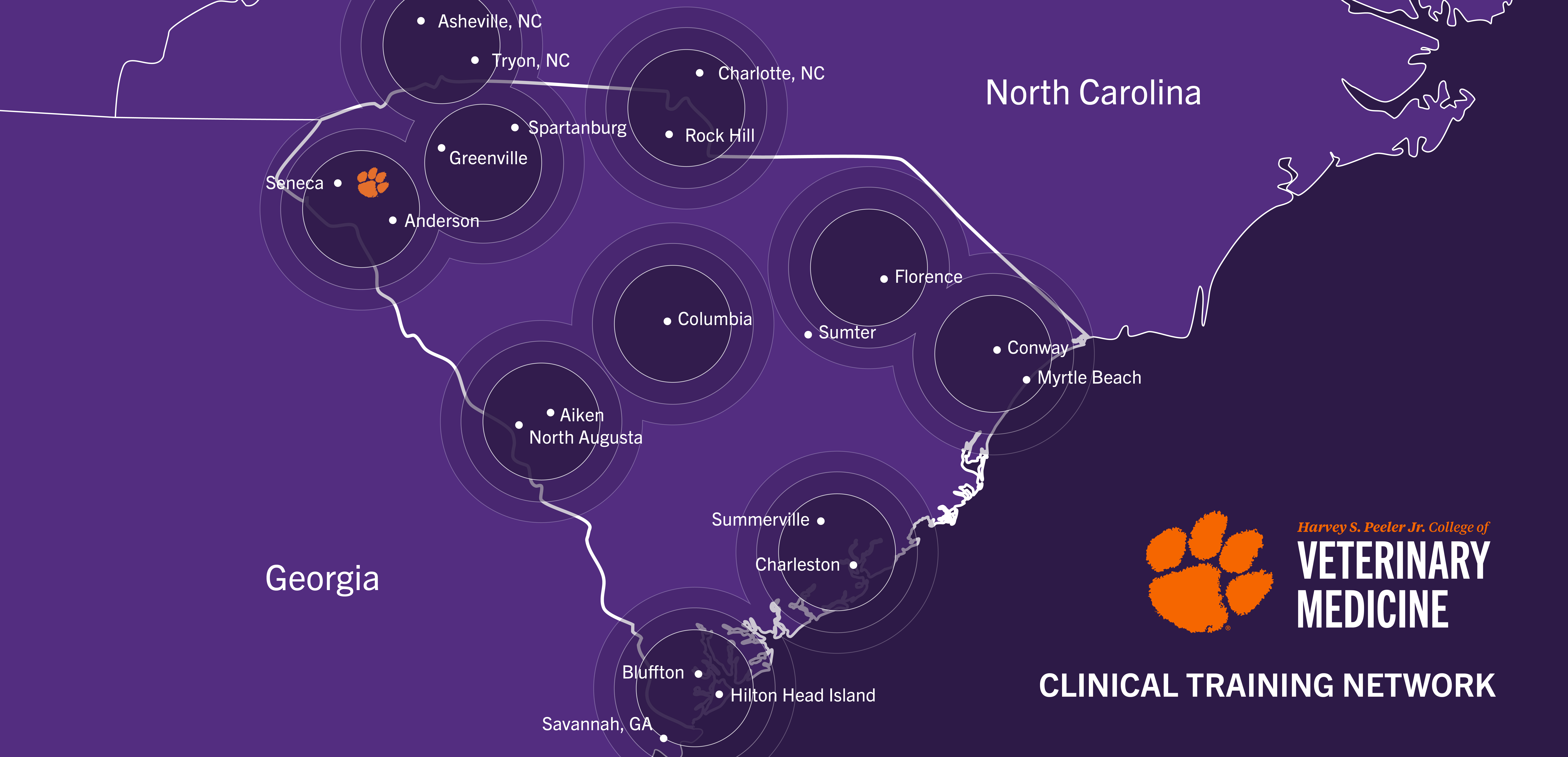 Map of South Carolina highlighting clinical network communities across the state.