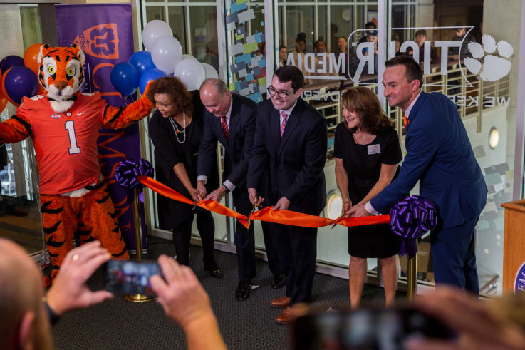 The ribbon cutting for the WYFF News Bureau in the Hendrix Center.