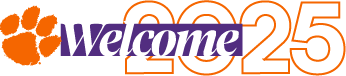 Clemson University logo featuring the text "Welcome 2025" in orange and purple colors.