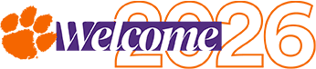 Clemson University logo featuring the text "Welcome 2025" in orange and purple colors.