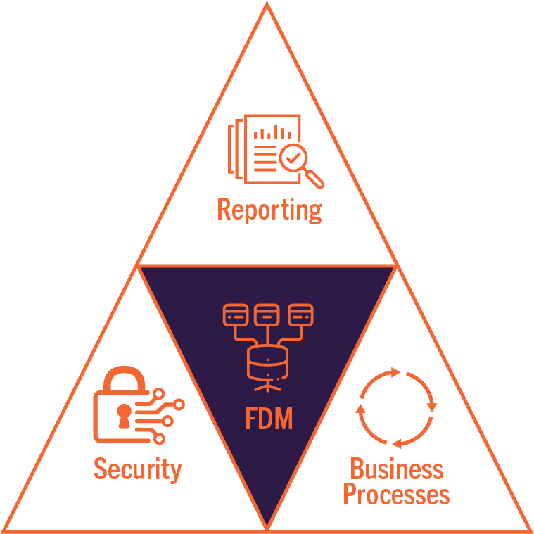 A triangular diagram illustrates that the FDM is part of reporting, security and business processes within Workday@Clemson.